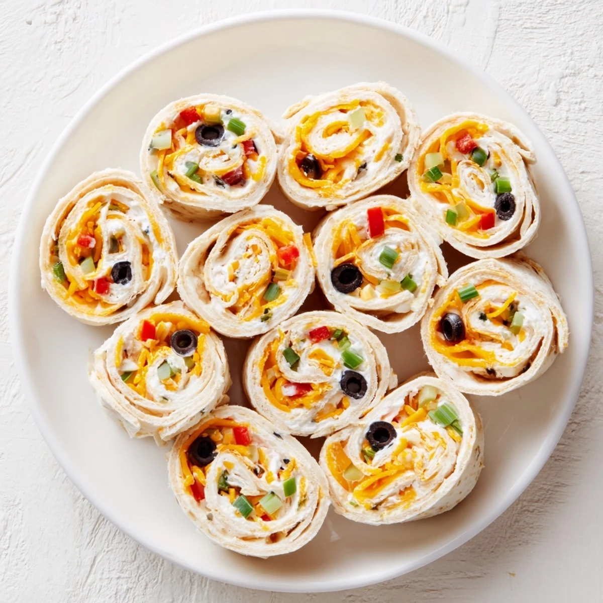 Colorful spiral of easy tortilla pinwheels filled with creamy cheese and fresh vegetables on a white serving platter