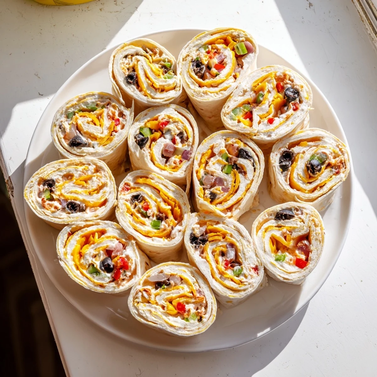 Close-up shot of sliced easy tortilla pinwheels showcasing vibrant red peppers and green onions against golden tortilla wraps