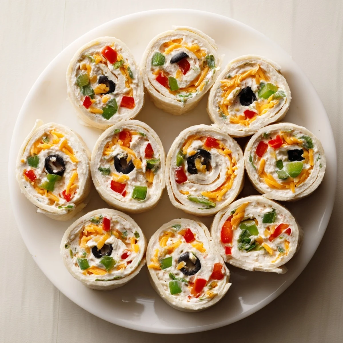 Arrangement of bite-sized easy tortilla pinwheels with savory cheddar cream filling ready for party appetizer serving