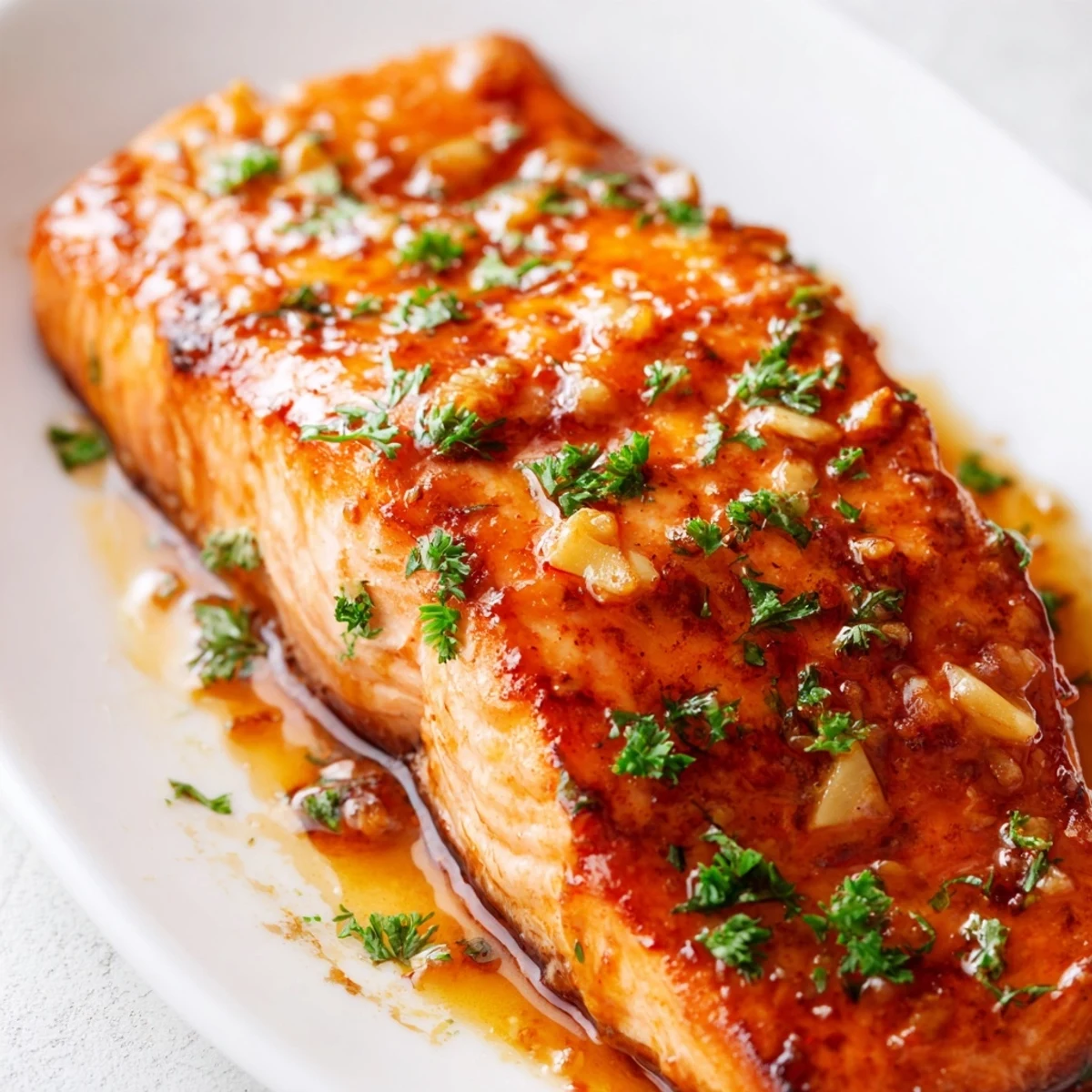 Golden pan-seared salmon fillets coated in sticky honey garlic glaze with fresh parsley garnish