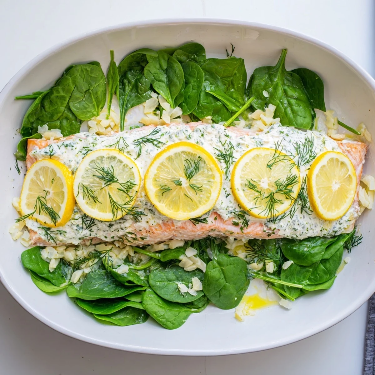 Golden baked salmon fillet topped with creamy Boursin cheese, fresh spinach, and lemon slices on a white baking sheet