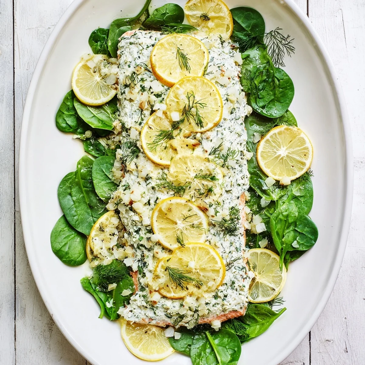 Flaky baked Boursin salmon with herbed cheese melting over tender fish, garnished with fresh dill and lemon rounds
