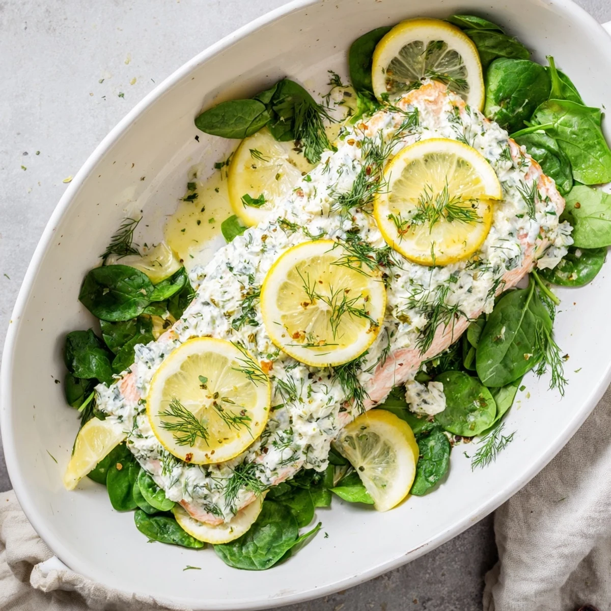 Weeknight baked Boursin salmon with garlic herb cheese crust, baby spinach, and shallots ready for a family dinner