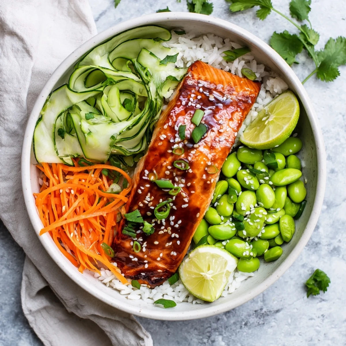 Golden honey glazed salmon bowl with fluffy rice, avocado slices, and colorful vegetables