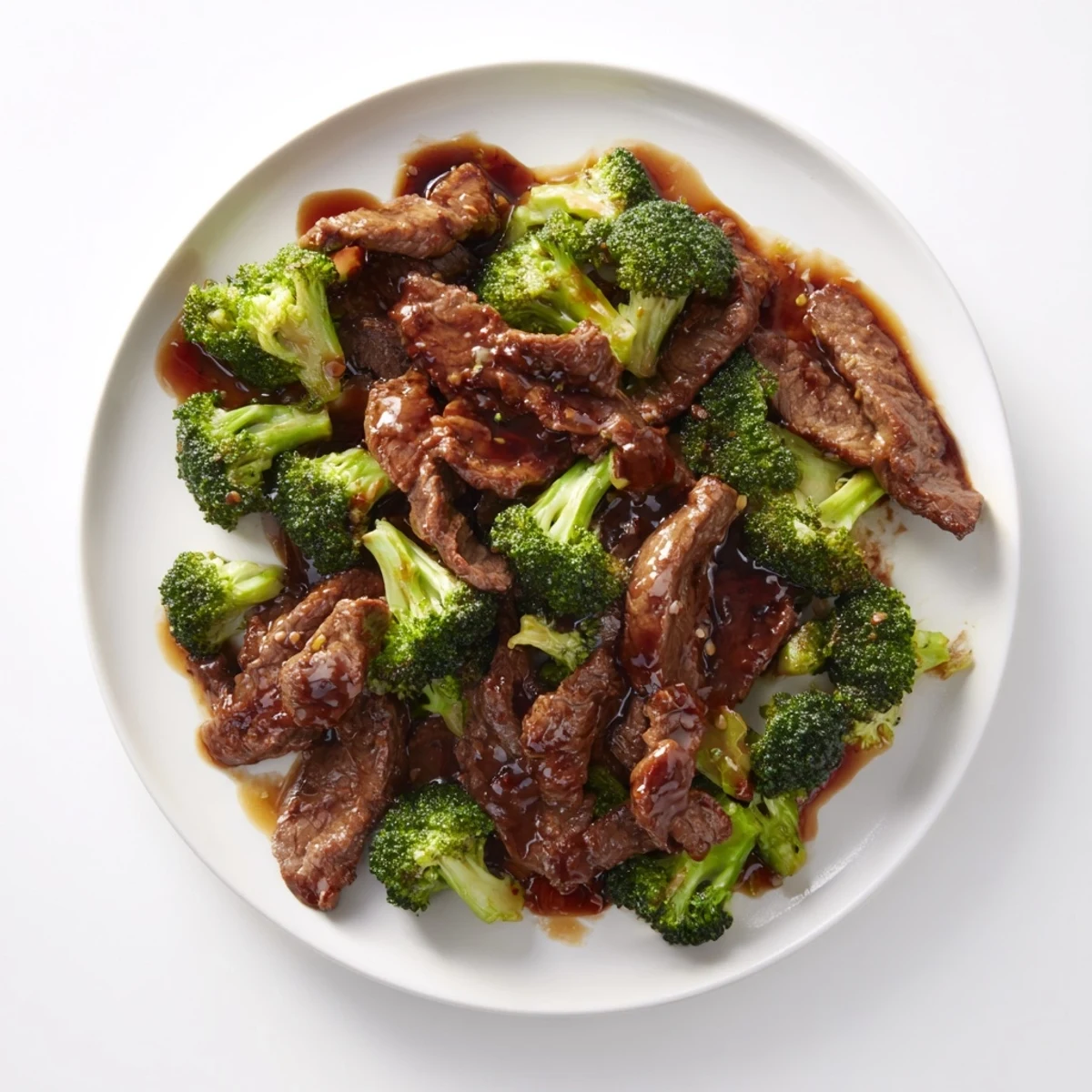 Rich beef and broccoli stir fry sauce glistening in a white bowl with sesame oil sheen