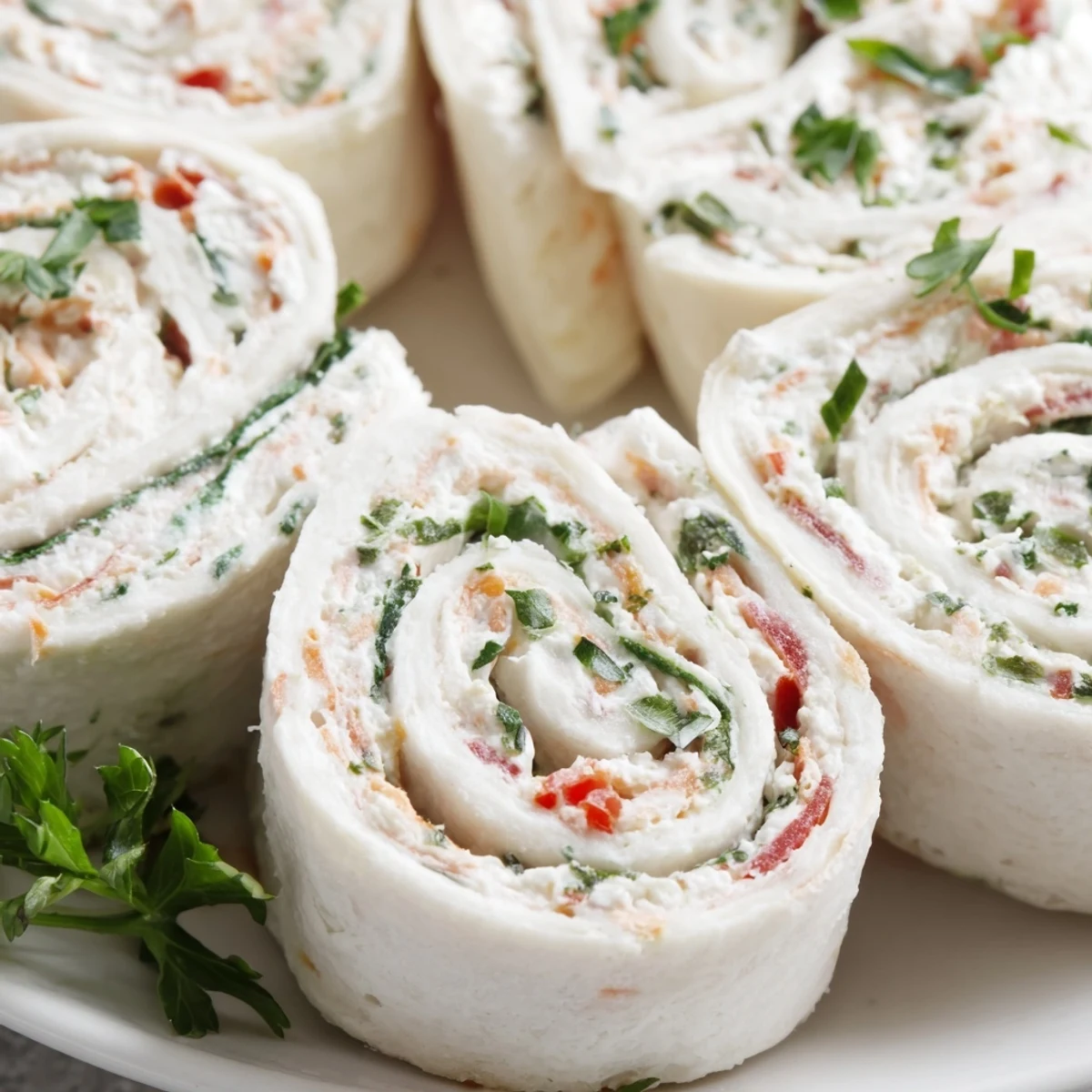 Cream cheese pinwheels with colorful diced peppers and green onions spiraled inside soft flour tortillas