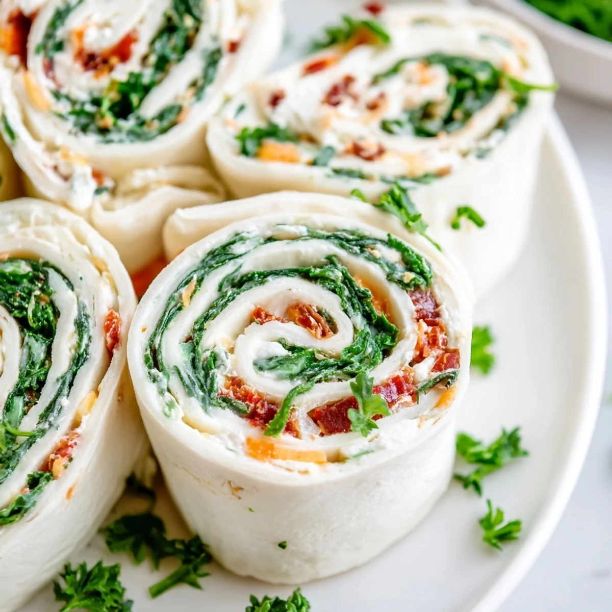 Savory cream cheese pinwheel appetizers sliced into rounds showcasing cheddar and fresh vegetable flecks