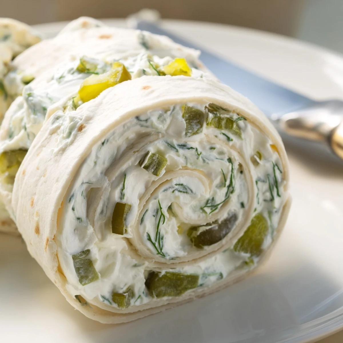 Pickle dip pinwheels featuring creamy dill filling rolled in soft flour tortillas, sliced into colorful spirals on a white serving platter