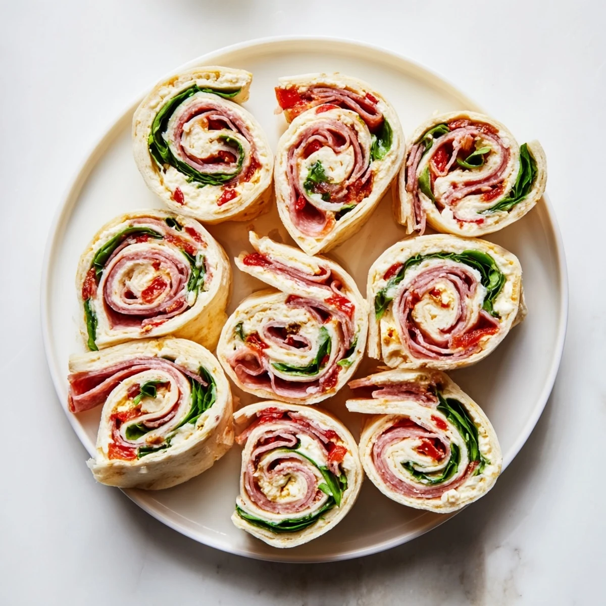 Spiral Italian pinwheels stacked on a white platter displaying colorful layers of salami, ham, cream cheese, and fresh spinach