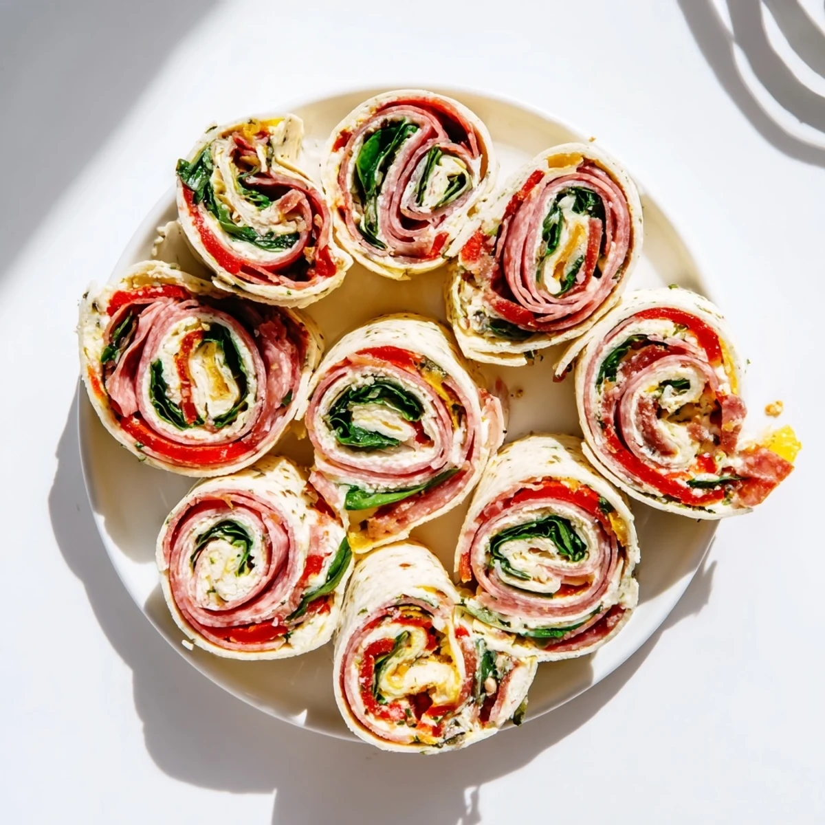 Appetizer platter featuring bite-sized Italian pinwheels rolled with deli meats, melted cheese, and crisp baby spinach leaves