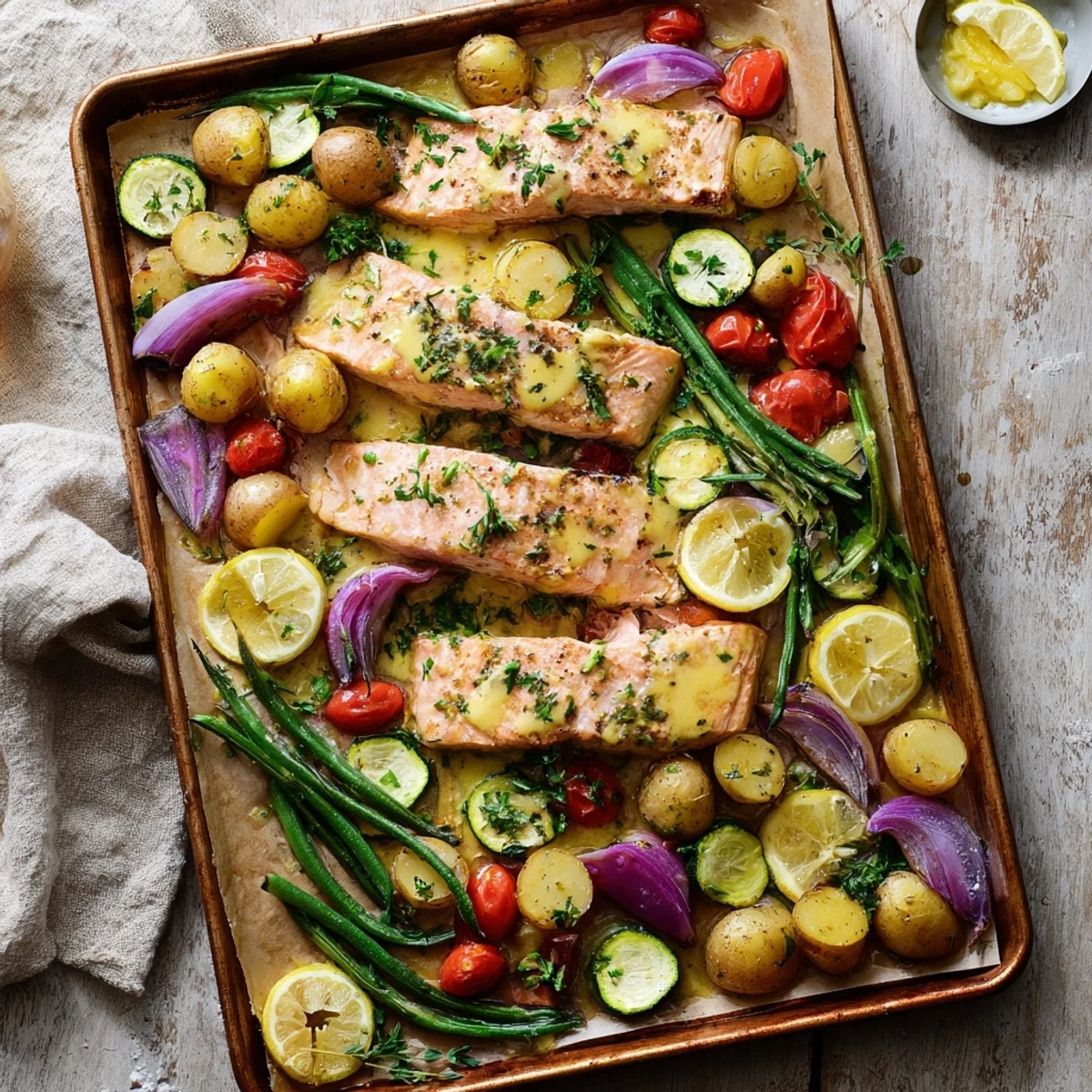 Golden baked sheet pan lemon garlic butter salmon fillets surrounded by colorful roasted baby potatoes, zucchini, cherry tomatoes, and red onion wedges