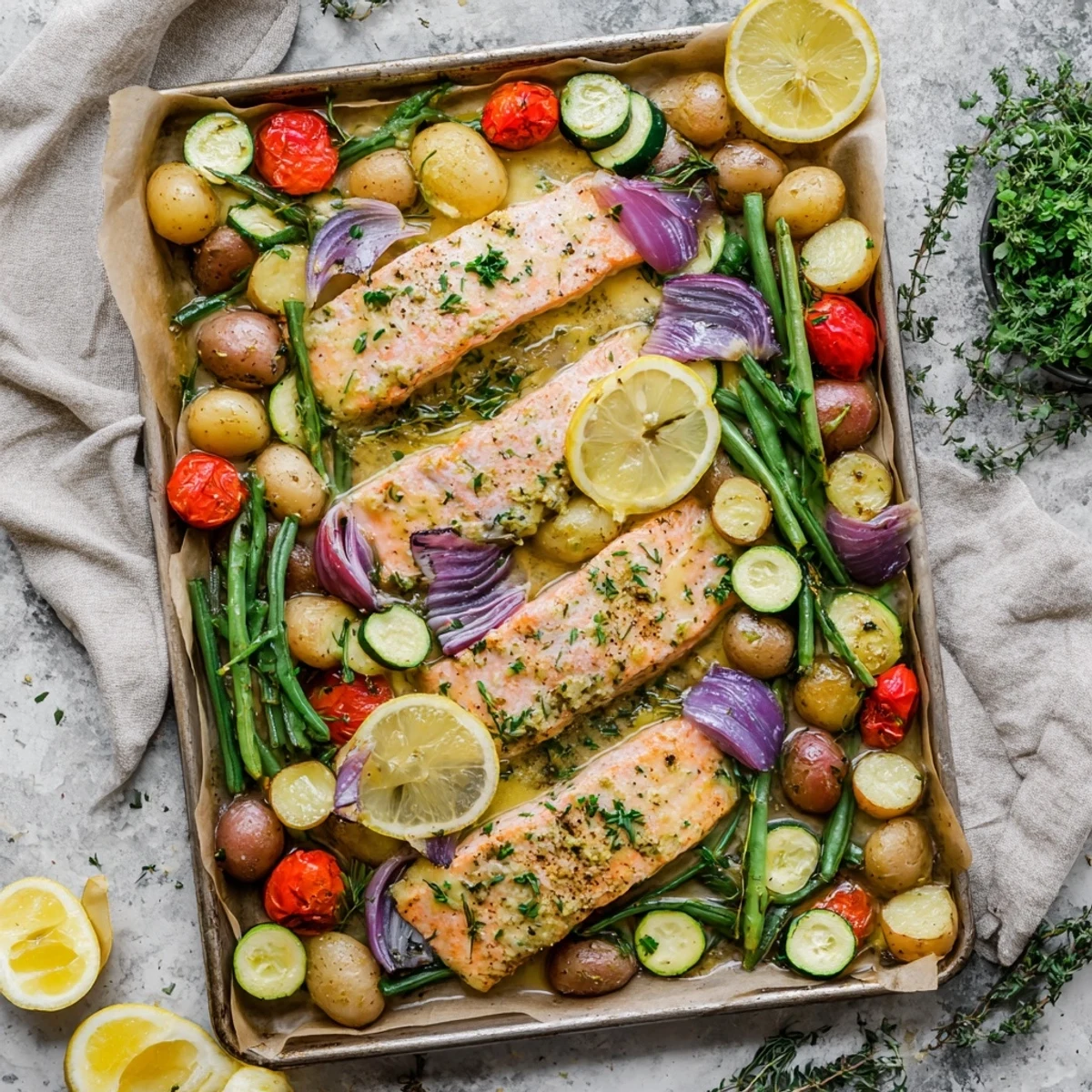 Tender salmon pieces drizzled with rich lemon garlic butter sauce, arranged alongside crisp green beans and roasted vegetables on a metal baking sheet