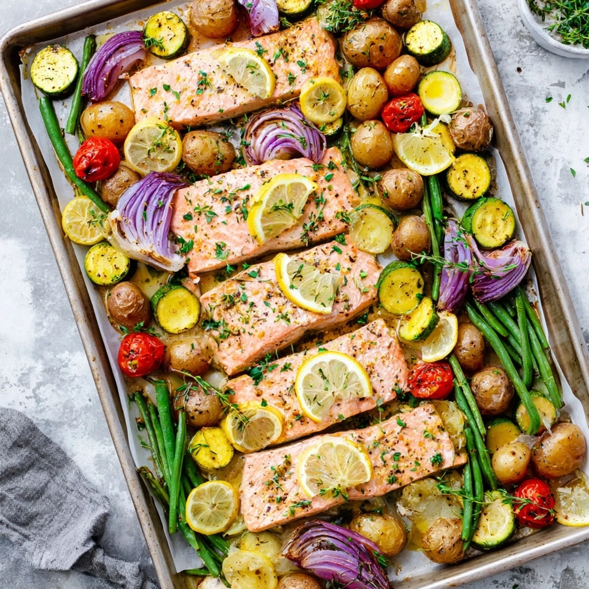 Perfectly cooked sheet pan lemon garlic butter salmon with vibrant vegetables, garnished with fresh lemon slices and chopped parsley on a parchment-lined pan