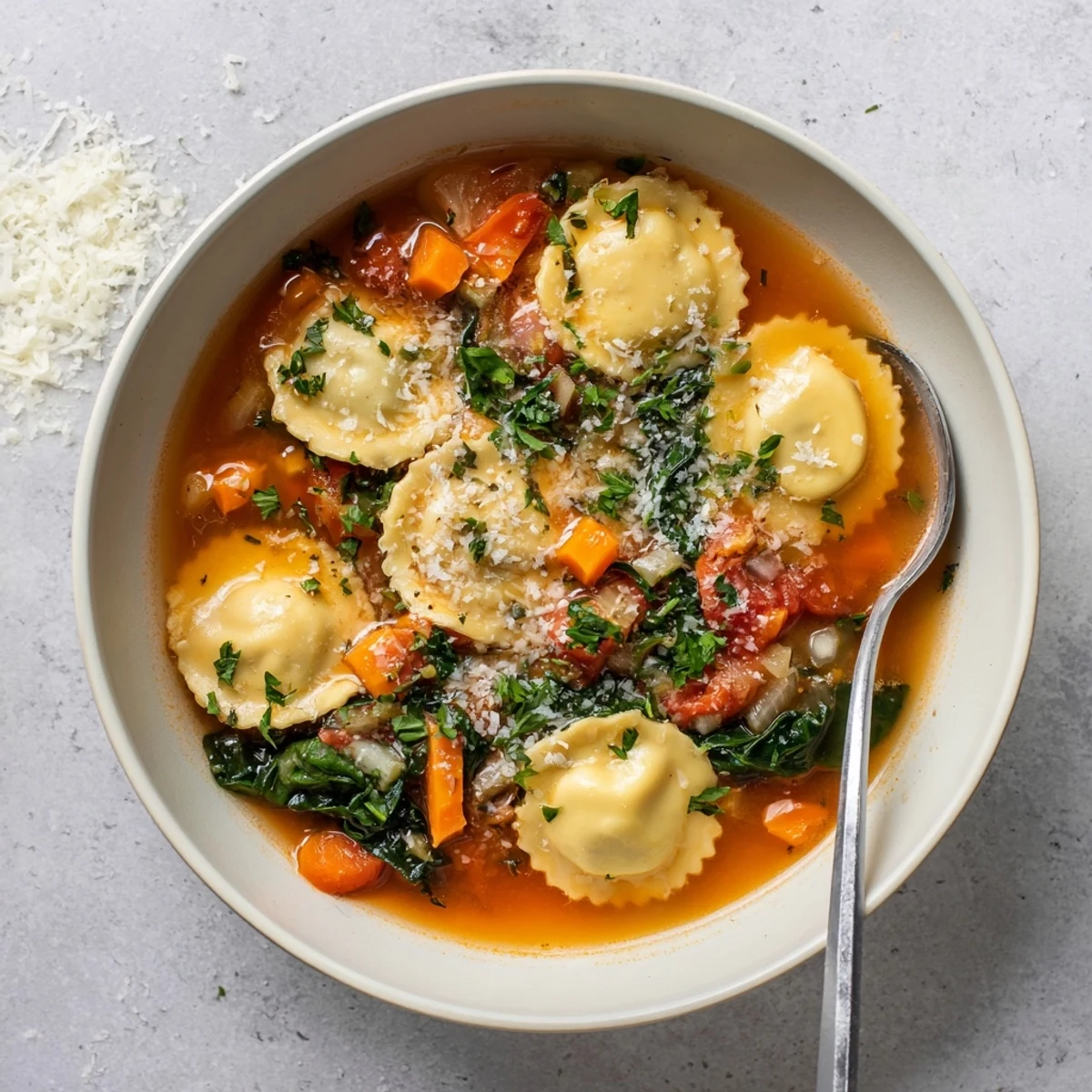 Steaming bowl of Easy Tuscan Ravioli Soup filled with tender cheese ravioli and fresh baby spinach in savory tomato broth