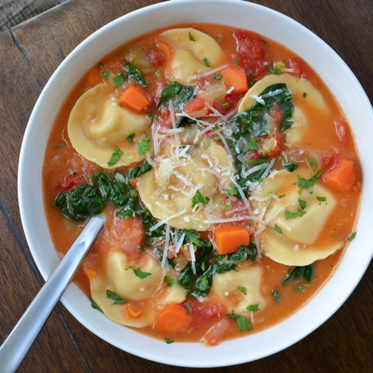 Rustic Italian Easy Tuscan Ravioli Soup topped with grated Parmesan and chopped parsley over plump cheese-filled pasta