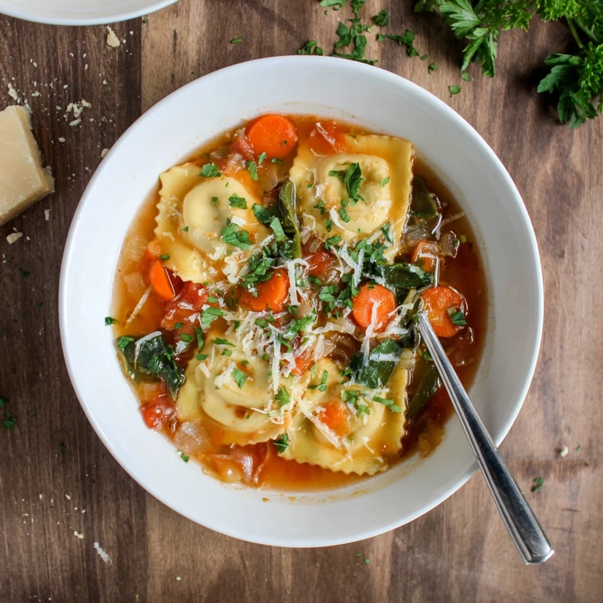 Comforting Easy Tuscan Ravioli Soup showcasing colorful diced vegetables and floating ravioli in a rich, herb-infused broth