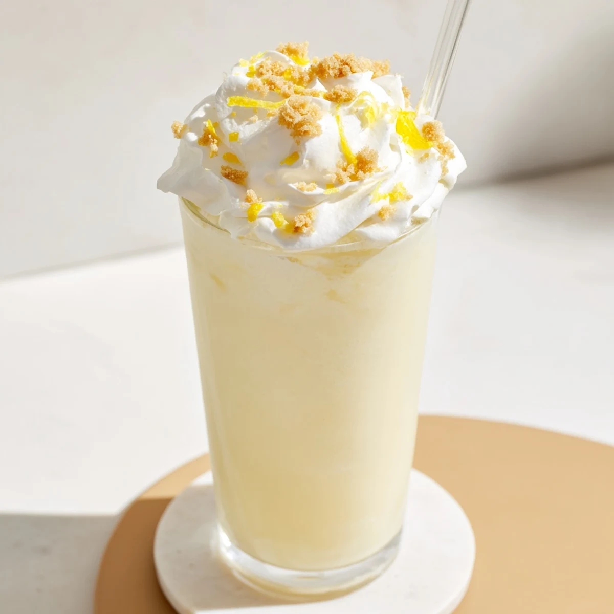 Tall glass of lemon meringue frappé topped with fluffy white meringue and lemon zest garnish