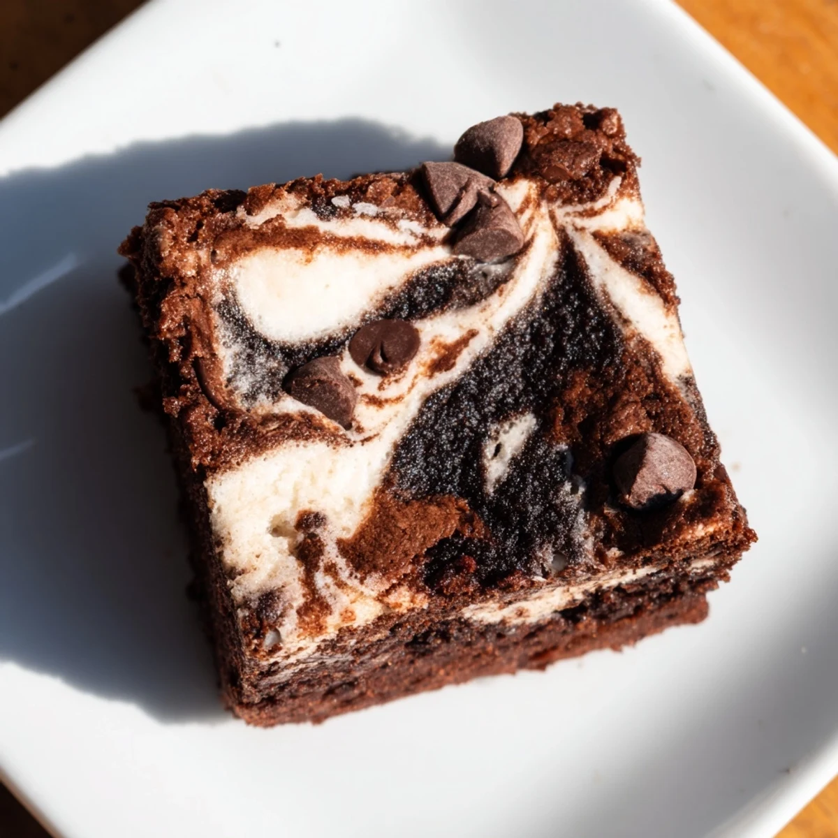 Rich chocolate brownies featuring a marbled cottage cheese topping on a square serving plate