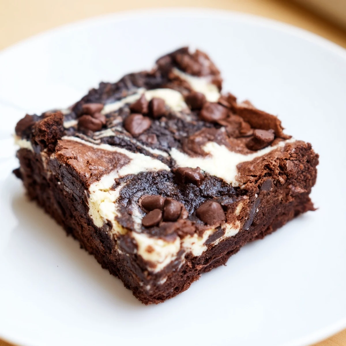 Homemade cottage cheese brownies displaying a beautiful swirled pattern of dark and light batter