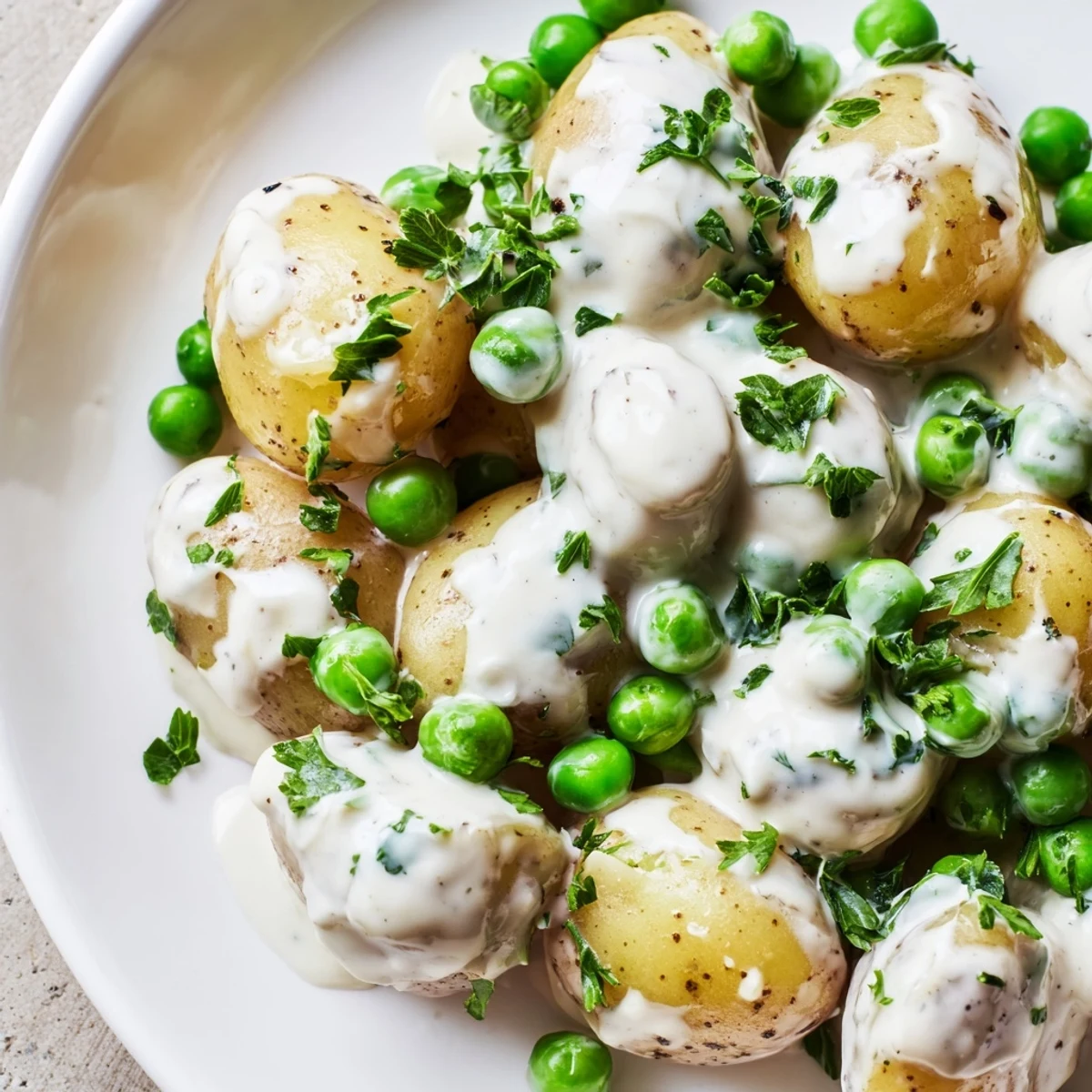 Golden baby potatoes and green peas swimming in a rich, velvety white cream sauce