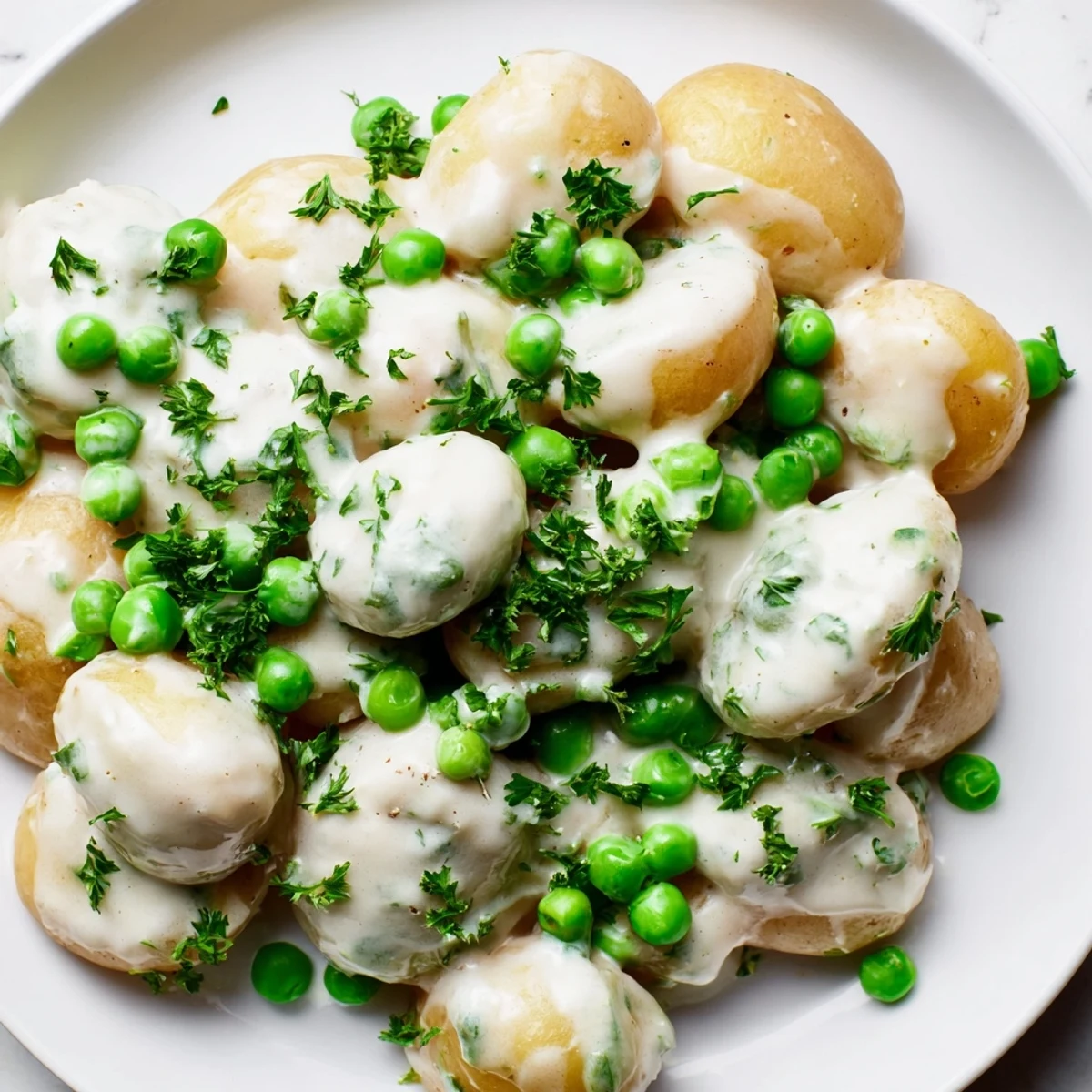 Creamy white sauce coating tender halved potatoes and sweet peas in a serving bowl