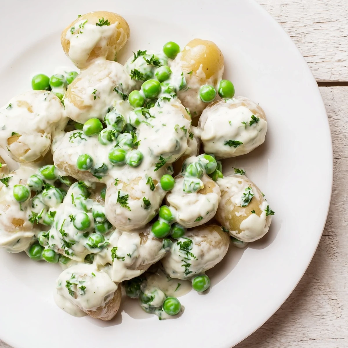 Comforting creamed peas and potatoes side dish garnished with fresh chopped parsley