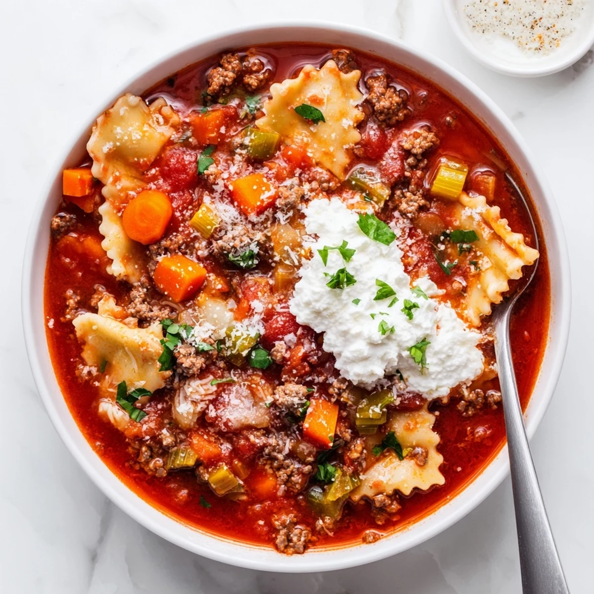 Savory Italian lasagna soup with ground beef, vegetables, and dollop of three-cheese mixture in bowl
