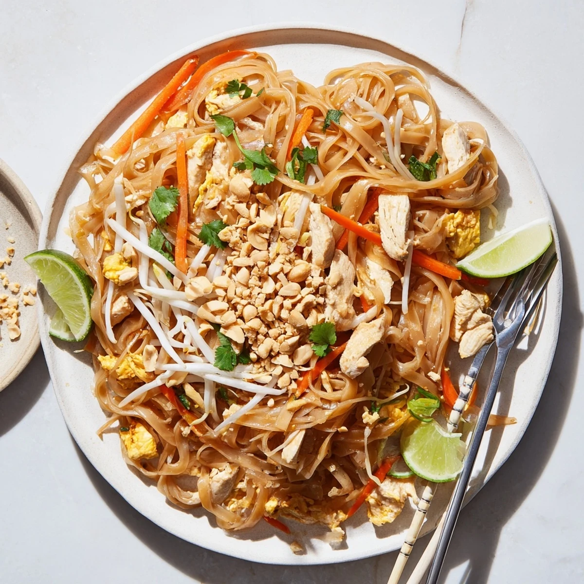 Steamy Chicken Pad Thai in a bowl topped with roasted peanuts and lime