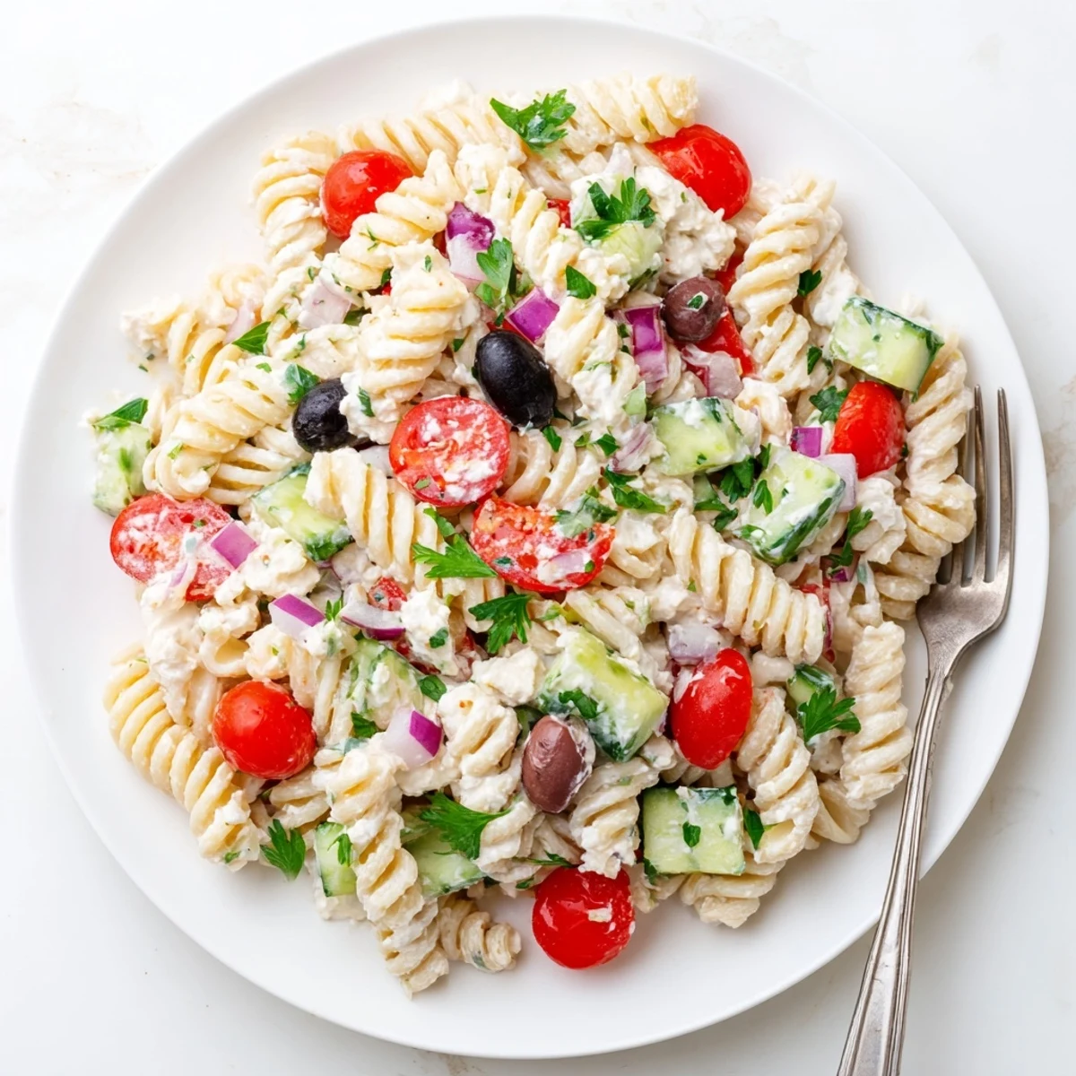 Colorful Mediterranean cottage cheese pasta salad tossed with crisp vegetables and olives in a large serving bowl