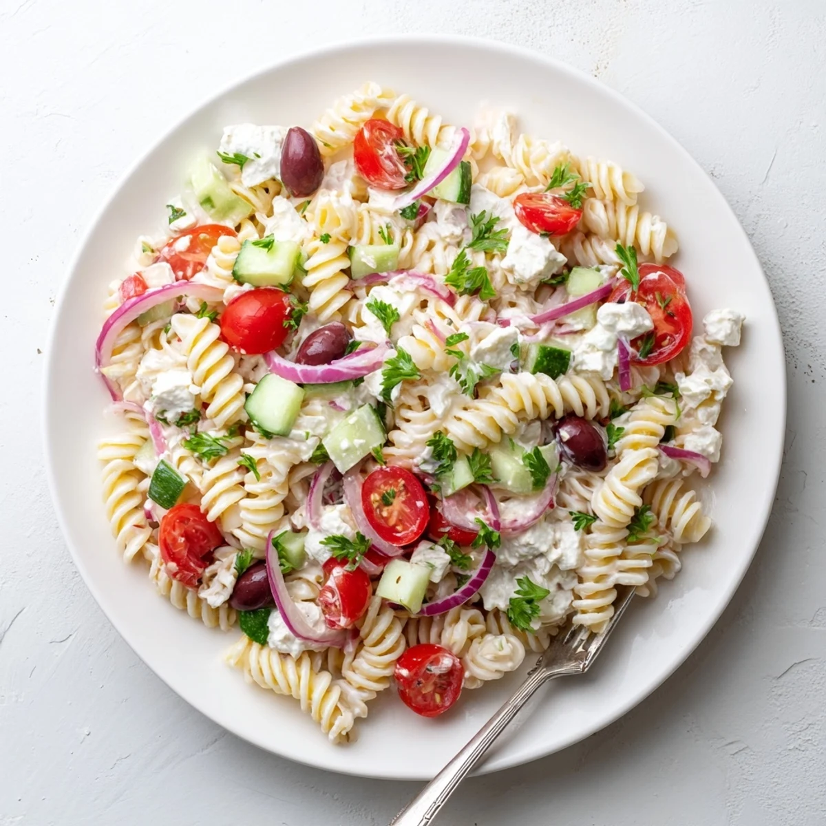 Protein-packed Mediterranean cottage cheese pasta salad featuring cherry tomatoes cucumber and red bell pepper on a white plate