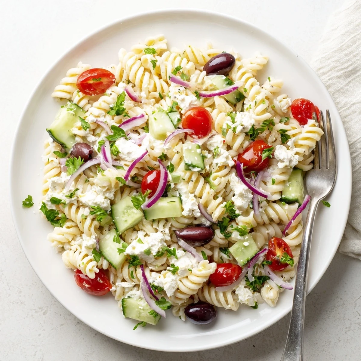 Fresh Mediterranean cottage cheese pasta salad with vibrant diced vegetables and creamy dressing for a light lunch