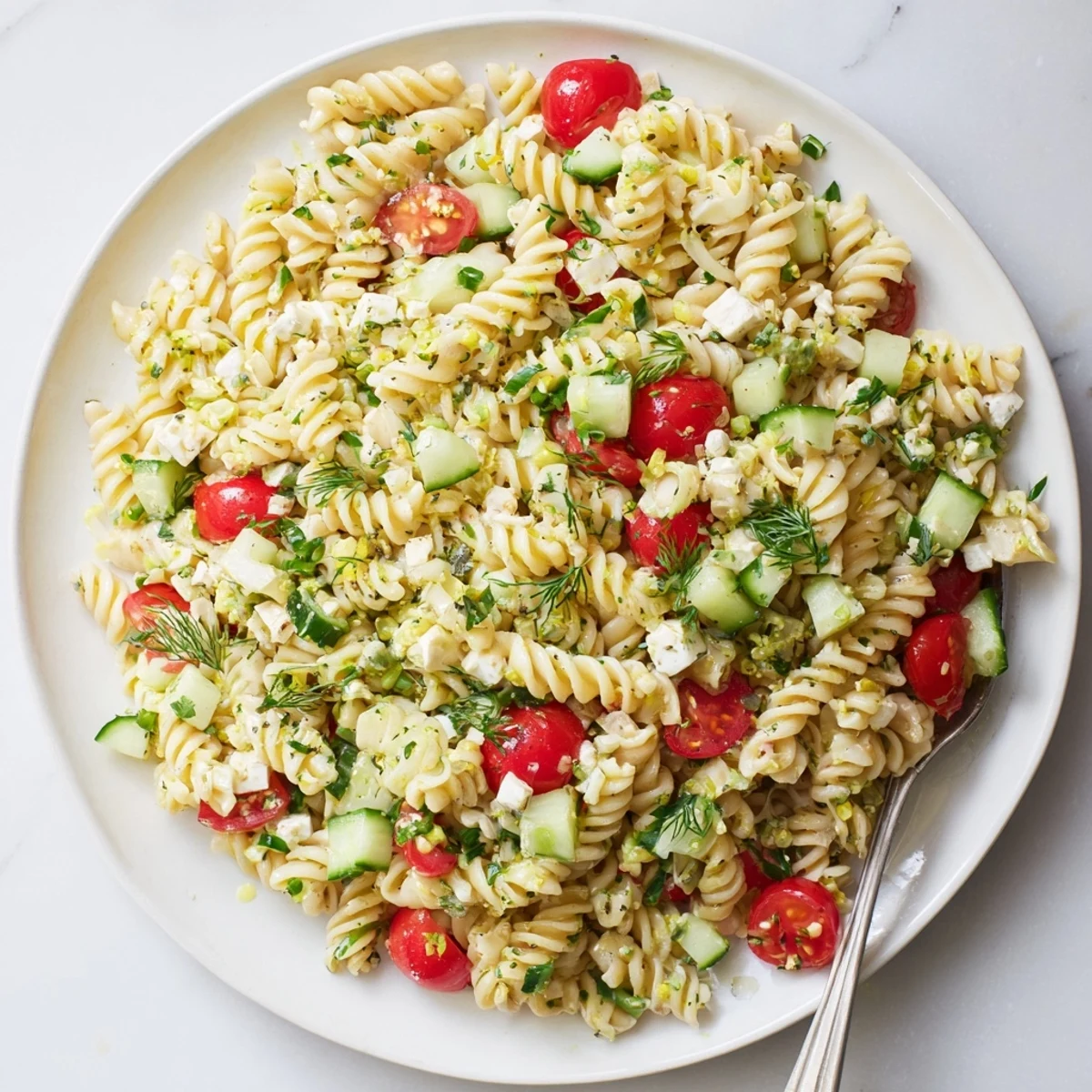 Colorful cottage cheese pasta salad bowl with cherry tomatoes, cucumber, and crisp bell peppers in tangy herb dressing