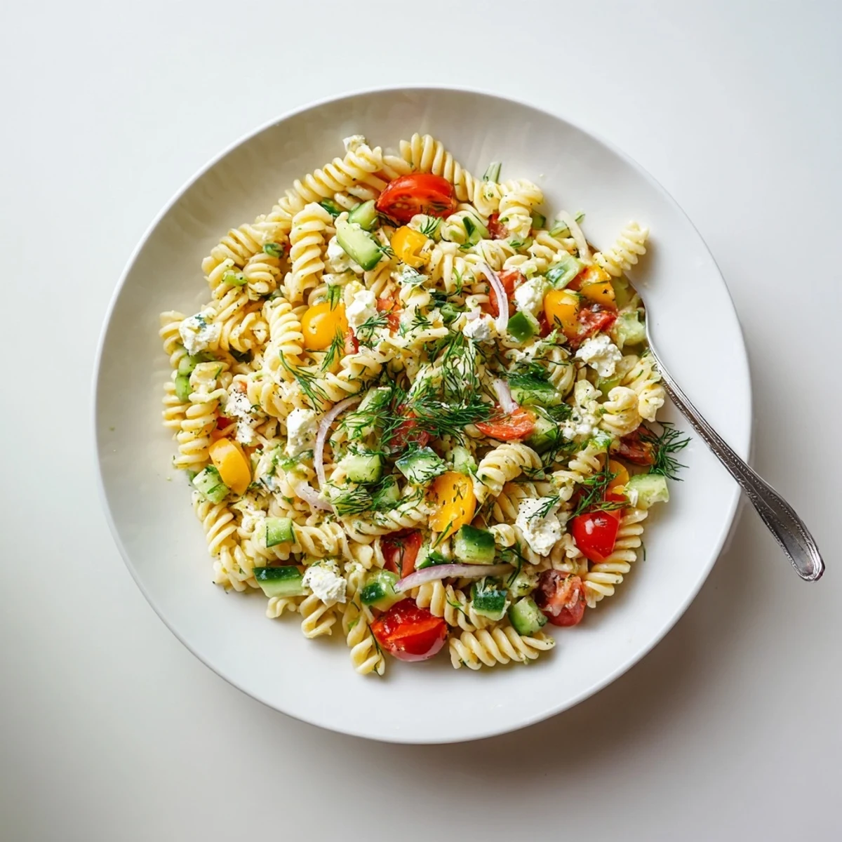 Creamy cottage cheese pasta salad featuring fusilli noodles, fresh diced vegetables, and zesty lemon herb dressing for summer picnics