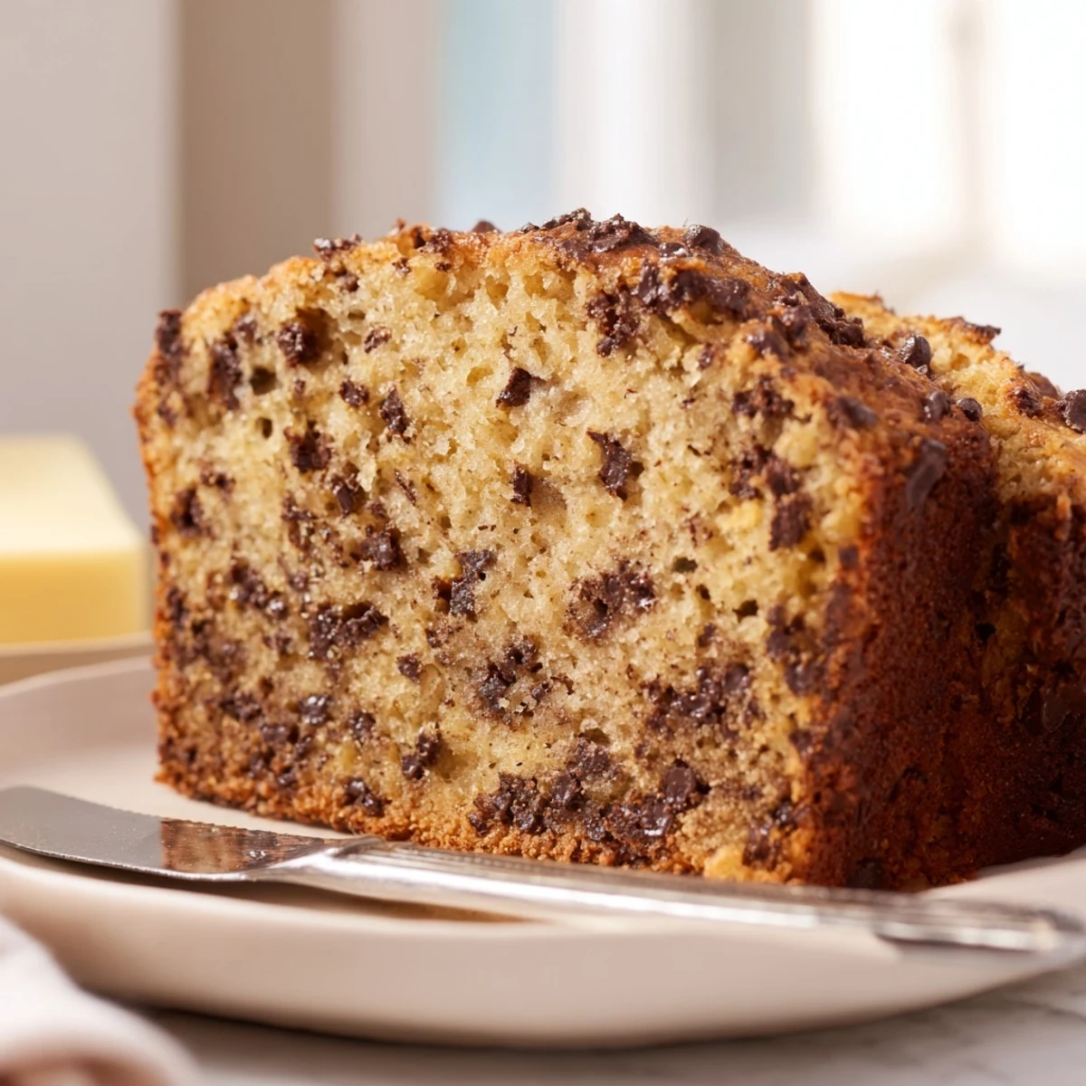Golden chocolate chip banana bread loaf with melted chocolate chunks on top