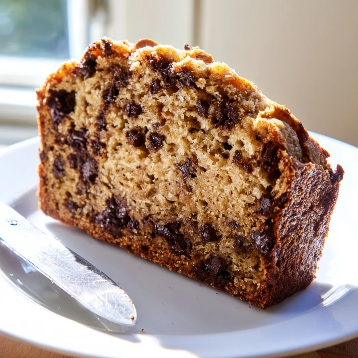 Moist chocolate chip banana bread bursting with semisweet chips and walnuts