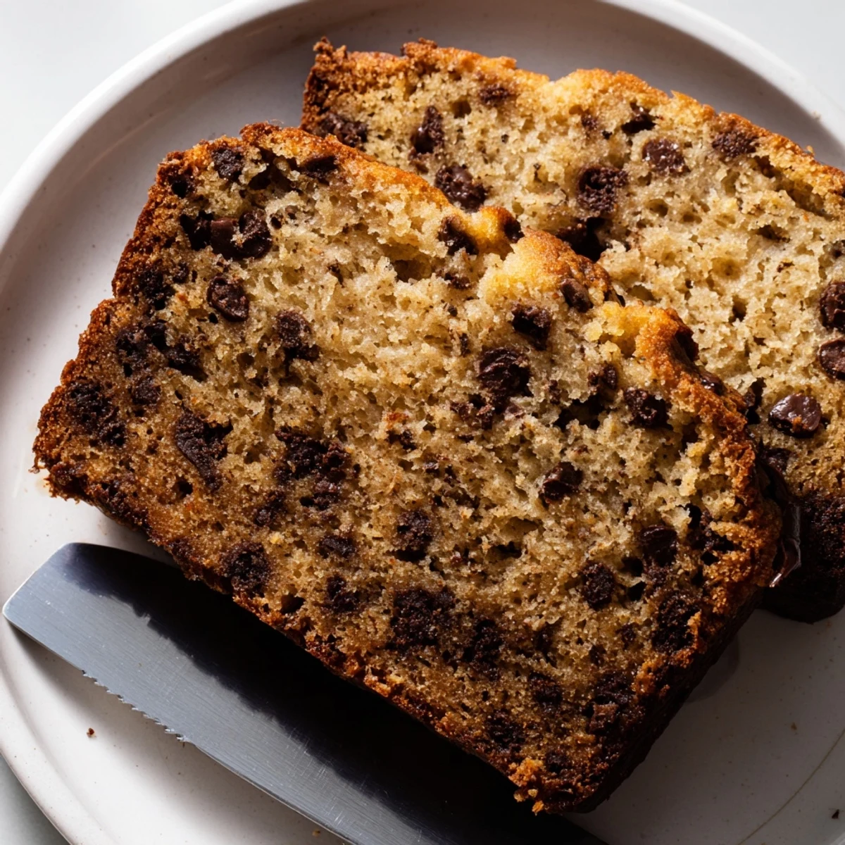 Freshly baked chocolate chip banana bread slices on a wooden cutting board