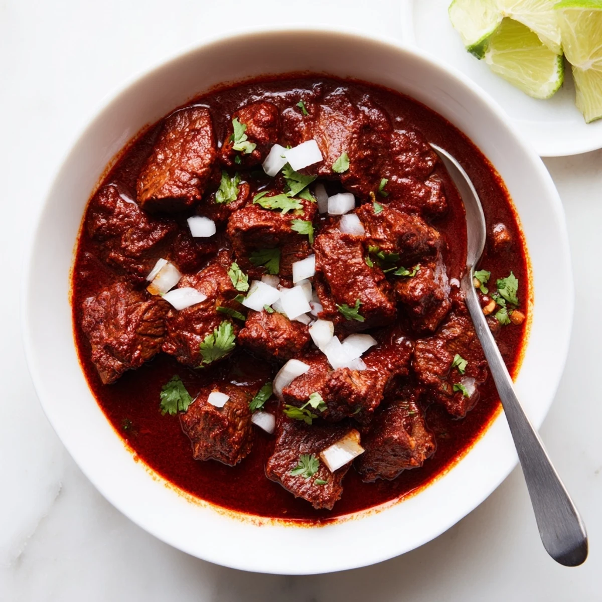 Crockpot Chili Colorado bowl garnished with fresh cilantro and white onion