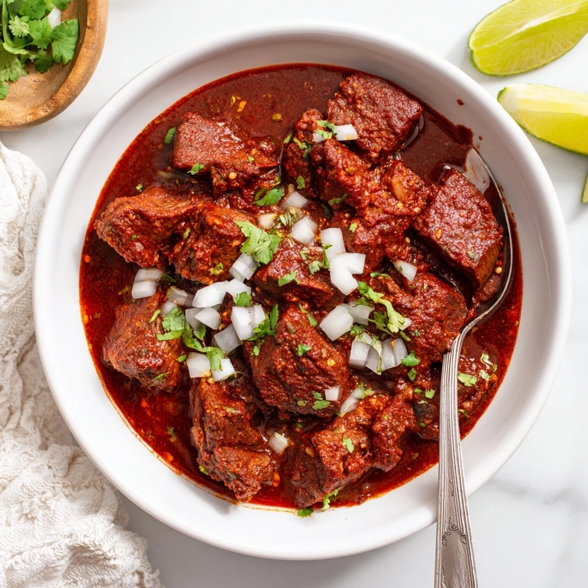 Slow cooker Crockpot Chili Colorado featuring tender beef chunks in rich red chili sauce