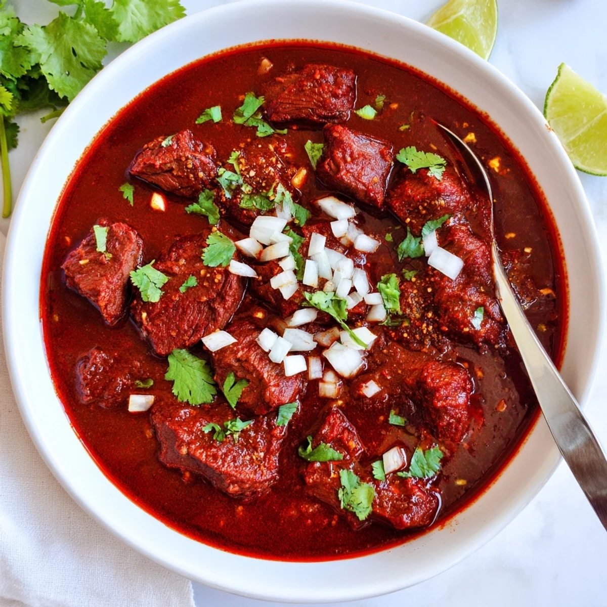 Hearty Crockpot Chili Colorado served over Mexican rice with warm tortillas