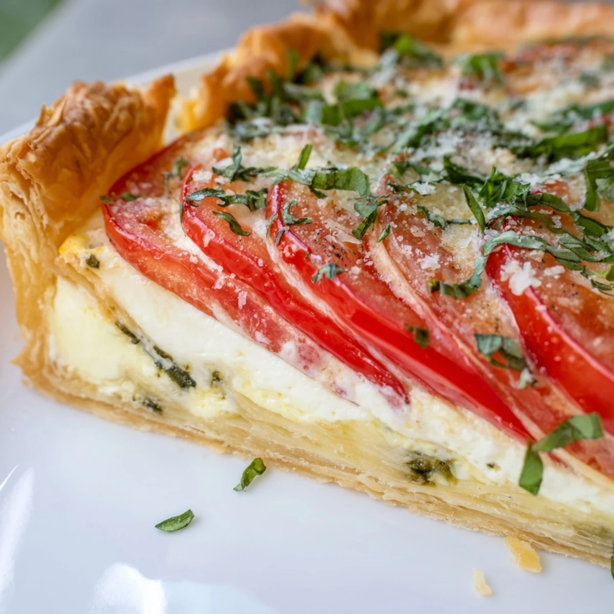 Golden savory tomato basil tart with melted mozzarella on flaky puff pastry crust