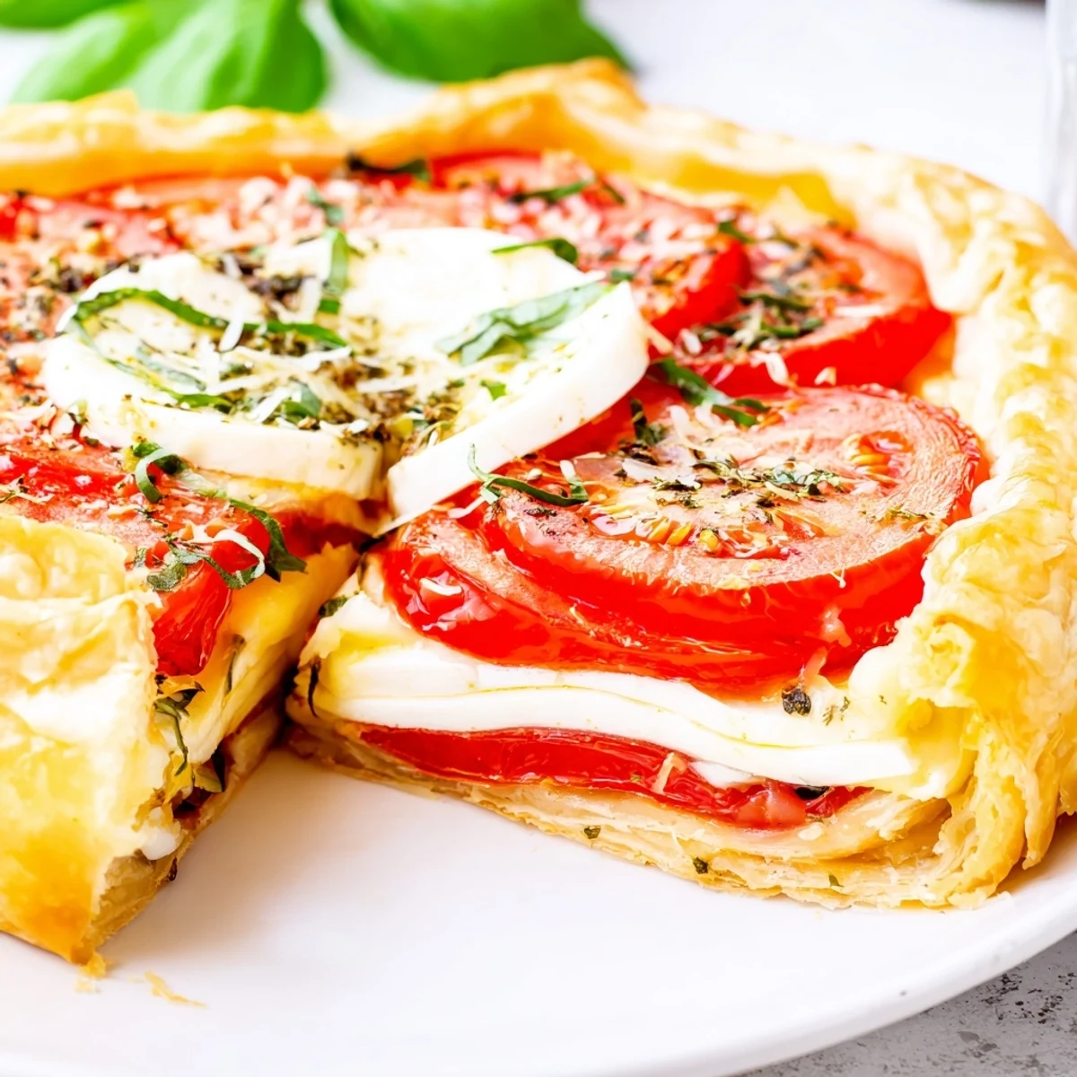 Rustic French savory tomato basil tart garnished with fresh green basil leaves