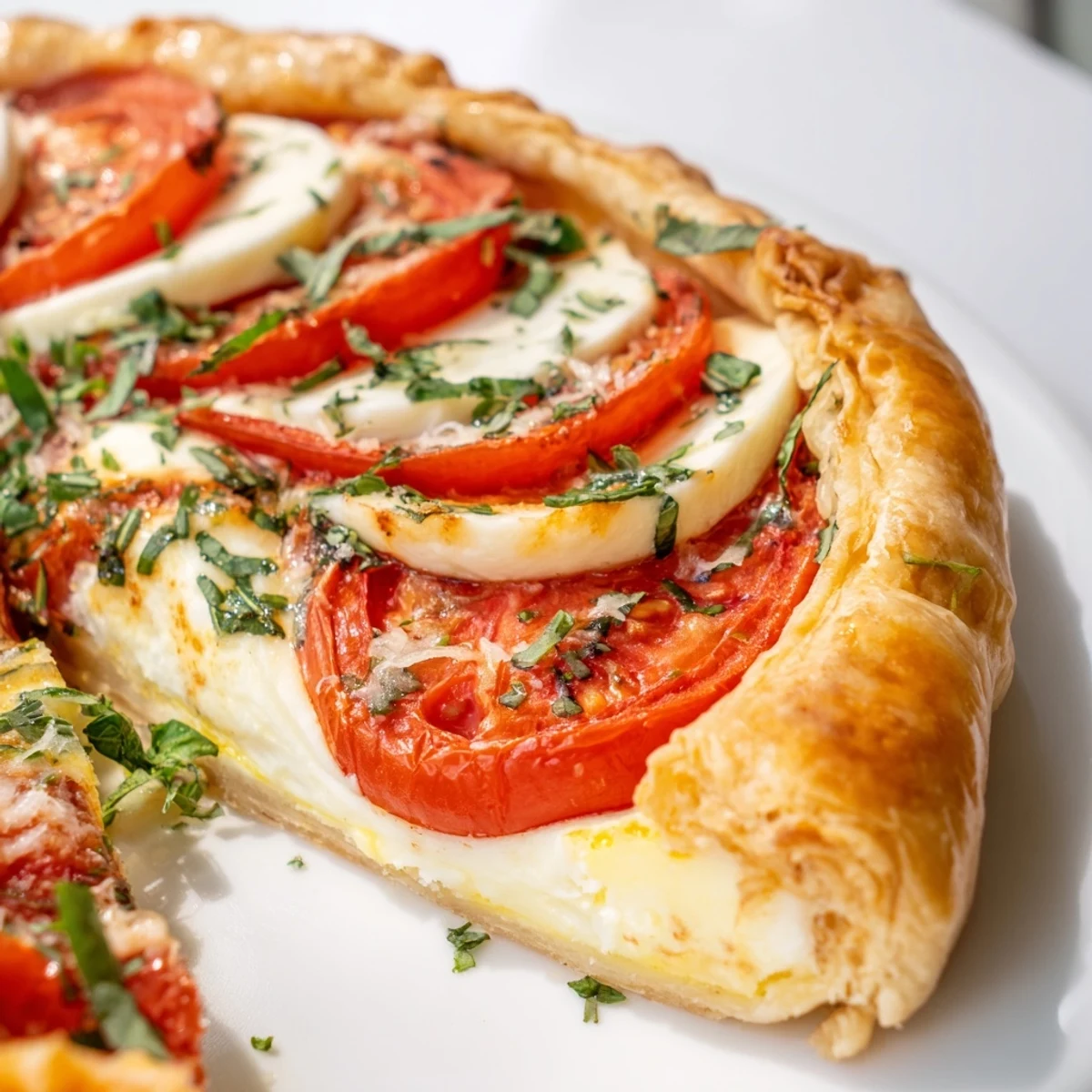 Savory tomato basil tart featuring sliced ripe tomatoes and golden baked pastry shell