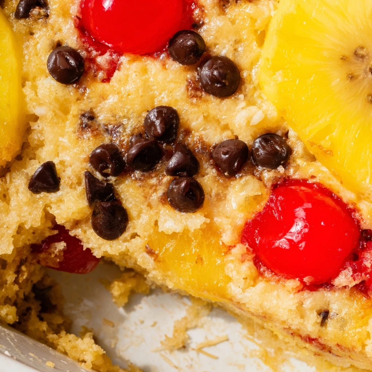 Golden banana split dump cake baked to bubbly perfection with colorful fruit layers