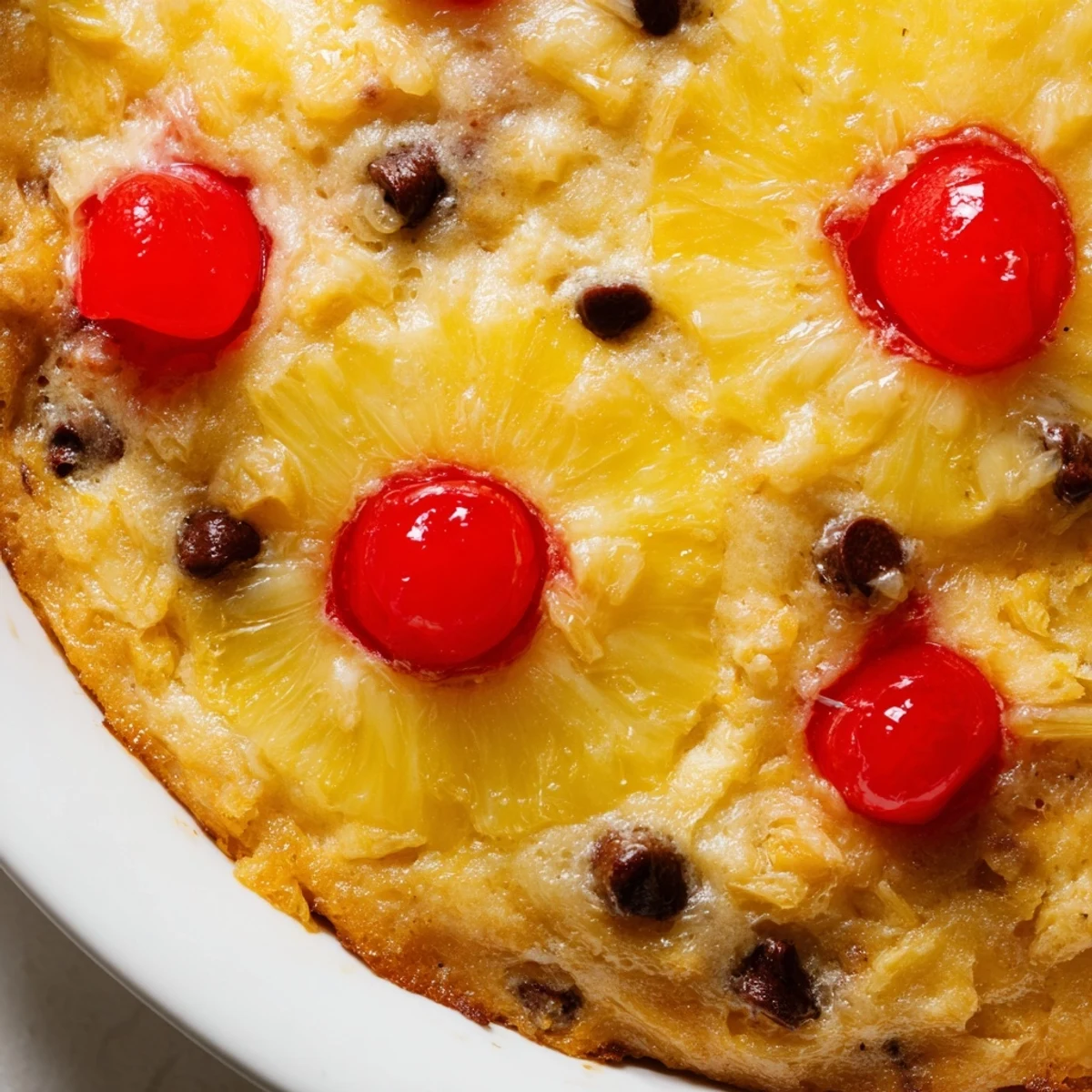 Warm banana split dump cake topped with whipped cream and extra maraschino cherries