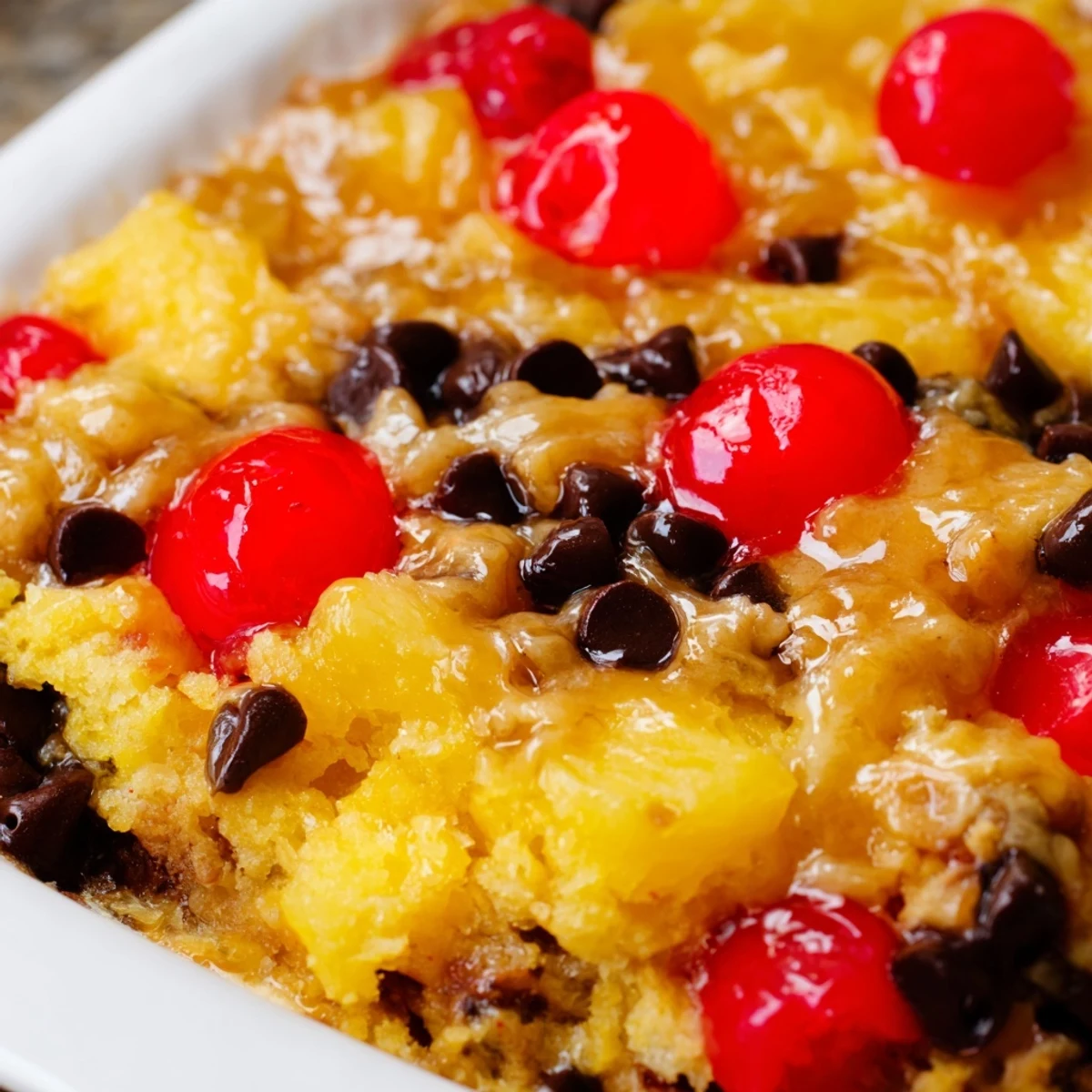 Bubbling 9x13 pan of banana split dump cake with gooey chocolate and pineapple