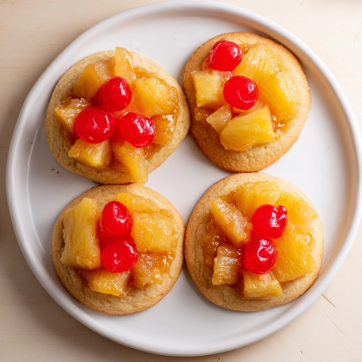 Golden pineapple upside down sugar cookies topped with caramelized fruit and bright red maraschino cherries on a white plate