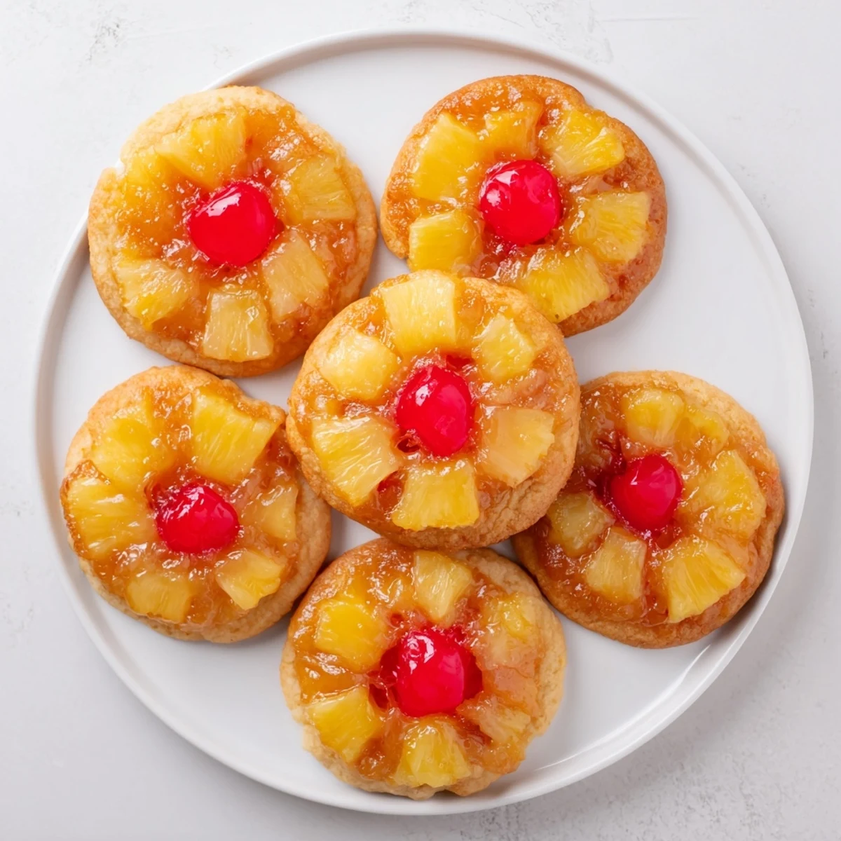 Soft baked pineapple upside down sugar cookies with gooey brown sugar glaze and tropical fruit garnish