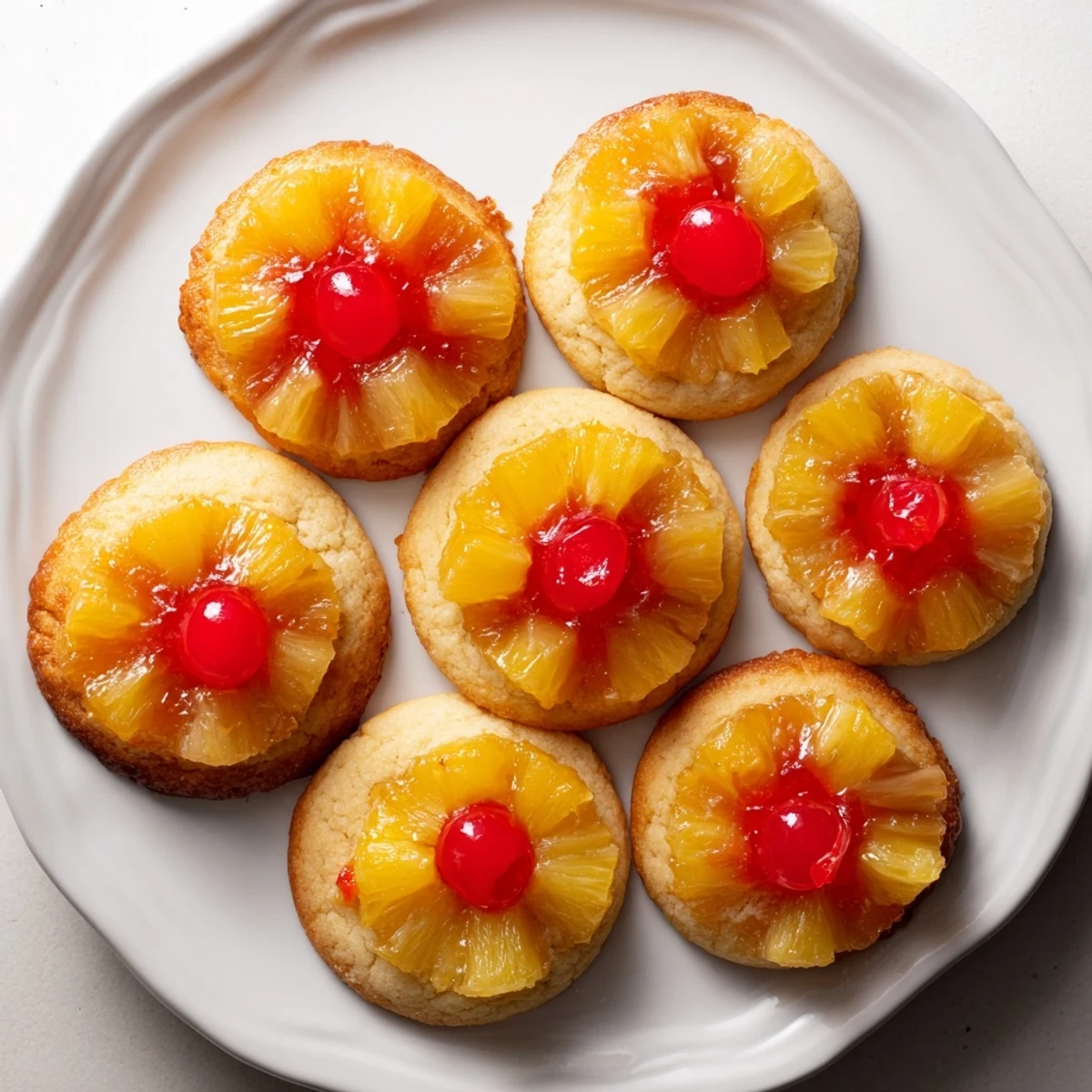 Fresh pineapple upside down sugar cookies arrangement showing cherry-studded tops against warm cookie texture