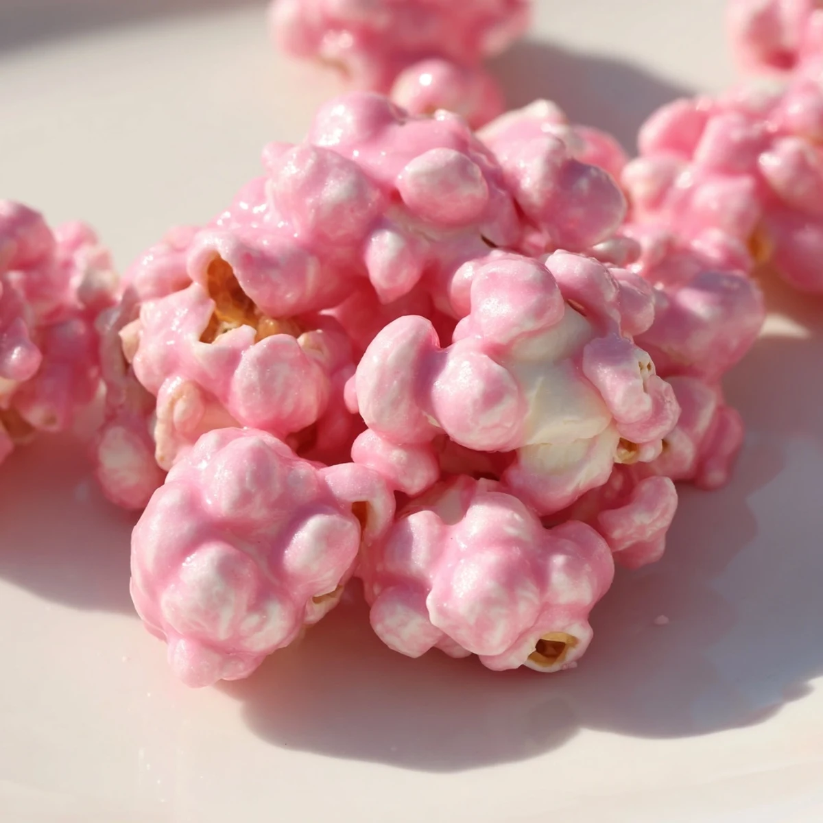 Homemade pink popcorn recipe showing glossy pink glazed clusters on parchment paper