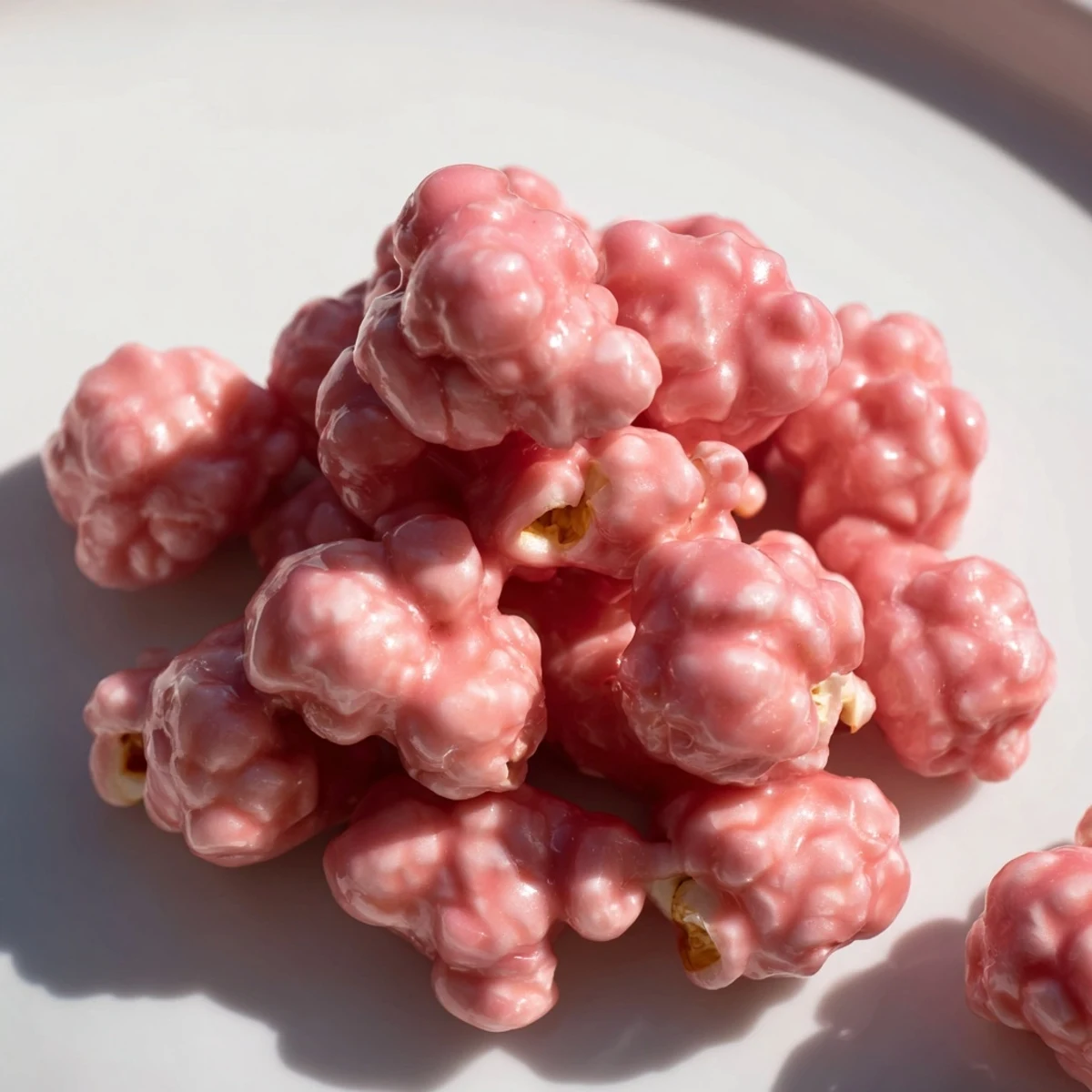 Sweet pink popcorn arranged in white bowl with shiny pink candy coating